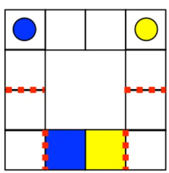 Figure 2-3: A game using fences (denoted by the red dotted lines), which a player has a 75% chance of crossing successfully