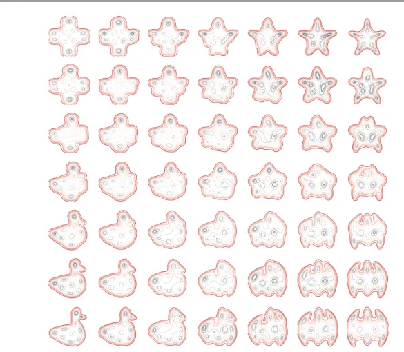 Figure 5: Barycenters between four mixtures of 12 Gaussian components, µ 0 , µ 1 , µ 2 , µ 3 for the metric M W 2 