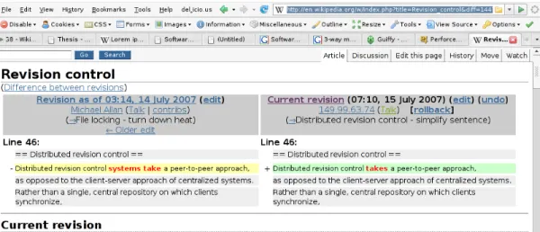 Figure 5-8: Example “diff” of a set of changes between two versions of wiki page in Wikipedia running the Mediawiki wiki software