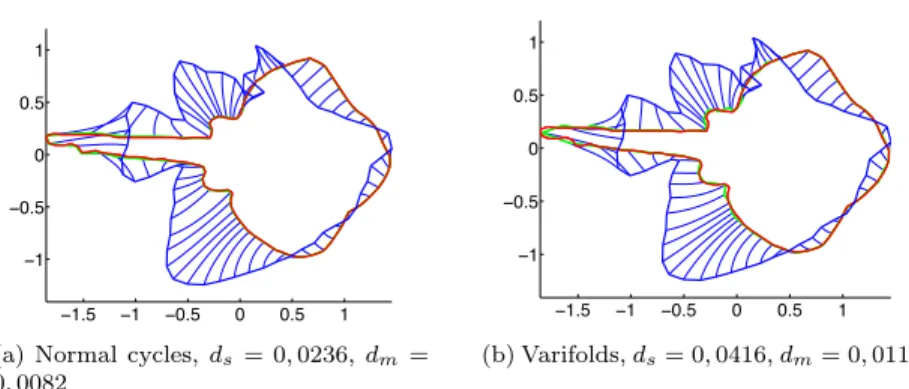 Fig. 4. Registration of a dark fish to a red fish. In green the dark deformed fish matching the red one