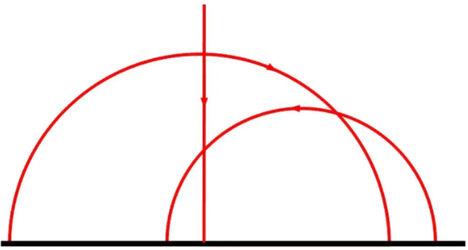 Figure 2. Quelques orbites du flot g´ eod´ esique en projection sur H .