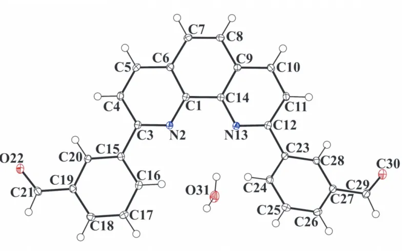 Figure 2. The ORTEP drawing of bis-[2,9-(3-formylphenyl)]-1,10-phenanthroline 2b with thermal ellipsoids at 30% level