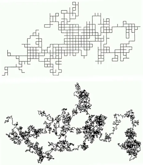 Fig. 1.3 – Simulations numériques d’une trajectoire aléatoire sur un réseau bidimensionnel carré (image du haut) et d’un mouvement brownien dans le plan (image du bas)