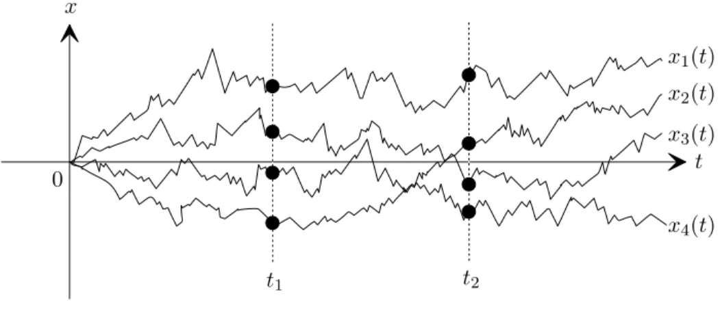 Fig. 1.6 – Réalisations x i (t) du processus brownien et moyenne empirique aux temps t 1 et t 2 .