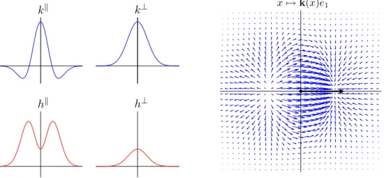 Figure 3: Graphs of k k , k ⊥ , h k , h ⊥ for Example 2 and the vector field x 7→ k(x)α, with α = e 1 (shown).