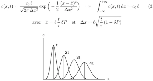 Fig. 3.3 – Proﬁl de concentration en fonction de x et de t Deux résultats importants illustrés sur la ﬁgure 3.3 :