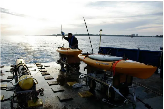 Fig. 5: Two MIT ASCs and one Bluefin 12” AUV