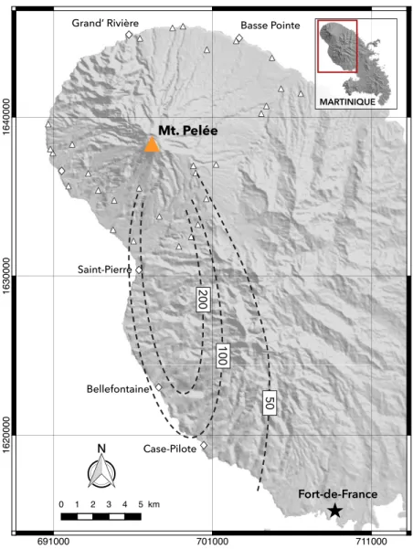 Fig.  1:  Isopach  map  (in  centimeters)  of  the  P3-2  sequence  (here  renamed  the  Bellefontaine  eruption)  as  drawn  by  Westercamp  and  Traineau  (1983)