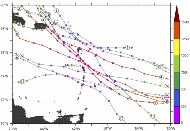Fig. 8: Tracks of the North Atlantic hurricanes that passed within 250 km of Mount Pelée during  the period 1979-2017: 1 Gonzalo  in 2014, 2 Debby in 2000, 3 Georges in 1998, 4 Hugo in 1989, 5  Dean in 2007, 6 Allen in 1980,  7 Maria in 2017,  8 David in 1