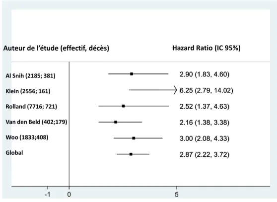 Figure 13. Méta-analyse sur la relation entre la vitesse de marche et la mortalité  (comparaison du quartile le plus lent versus le quartile le plus rapide), 