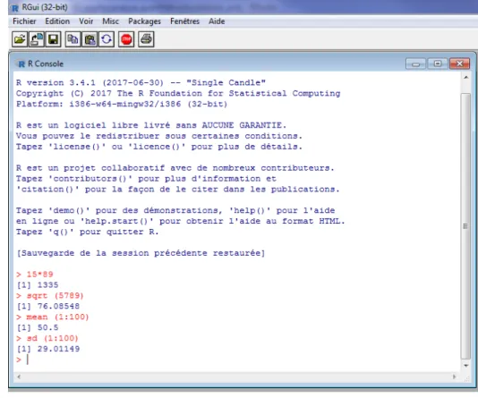 Figure 3.1: La console R avec quelques commandes et résultats