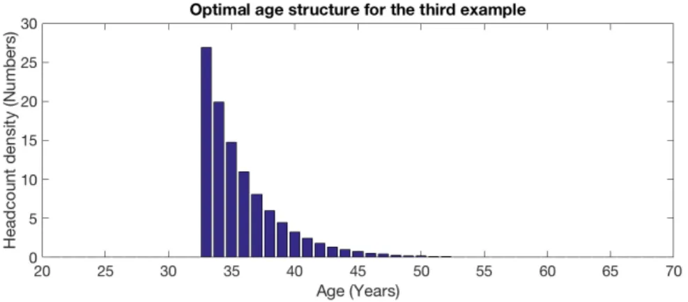 FIG. 13. Function to minimize d(z) and budget structure ω(z) for the BU 3, for which E=3700, and, without optimization, average age is 37 and corresponding labor cost is $6 million/year (for a total headcount of 100)