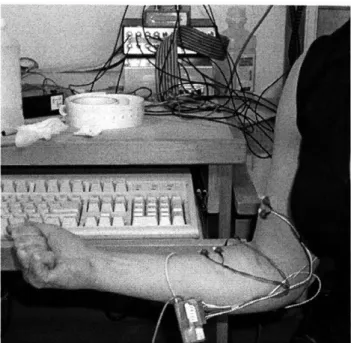 Figure 6-2.  Subject 2  performs  passive  contraction  test in the supinated  forearm  position,  with  the elbow  held at 900  of  static  flexion.