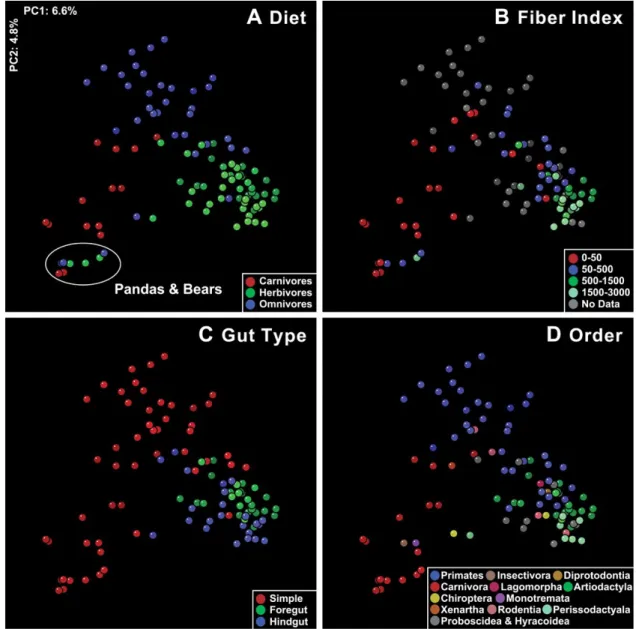 Fig. 2. Mammalian fecal bacterial communities clustered using principal coordinates analysis  (PCoA) of the UniFrac metric matrix