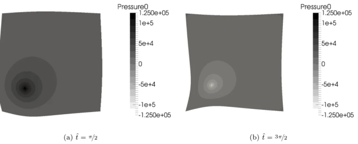 Figure 4: Pressure field on the deformed domain at different times for the finest Cartesian mesh containing 4,192 elements