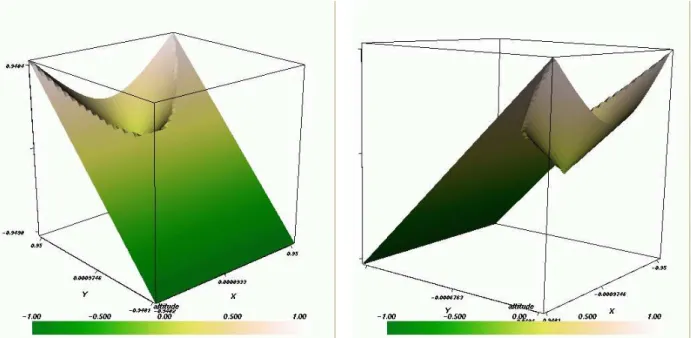 Fig. 6 – Initialisation de la fonction niveau : vue en ´el´evation de face et arri`ere (grille 40 × 40).