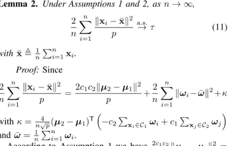 Fig. 5. Performance of LS-SVM, c 0 = 2, c 1 = c 2 = 1/2, γ = 1, Gaussian kernel. x ∈ N (µ a , C a ), with µ a = [ 0 a−1 ; 2; 0 p−a ], C 1 = I p and { C 2 } i,j = .4 |i−j| (1 + 4/ √ p).
