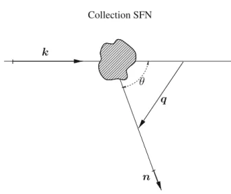 Figure 1. Schéma de principe d’une expérience de diffusion. Le rayonnement incident est une onde plane se propageant dans la direction du vecteur d’onde k 