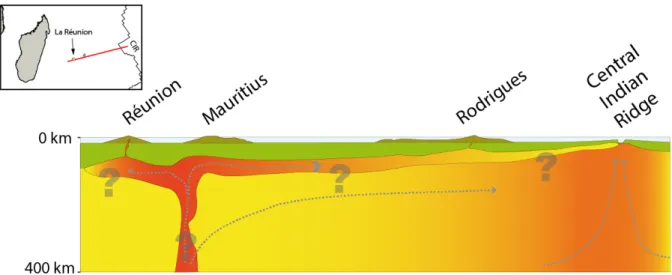 Fig. 2.0.5: Cartoon of plume-ridge interaction between the Réunion plume and the Central Indian Ridge (CIR), as imagined before the RHUM-RUM project