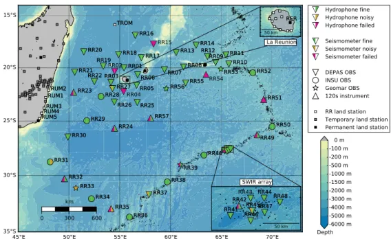 Figure 1. Overview map of the RHUM-RUM ocean bottom seismometer network. OBS are marked by large coloured symbols