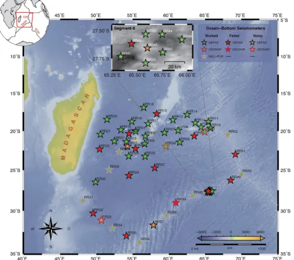 Figure 1. Topography/bathymetry (Amante &amp; Eakins 2009) map of the 57 ocean-bottom seismometers (OBSs) (stars) of the RHUM-RUM network, deployed from October 2012 to December 2013