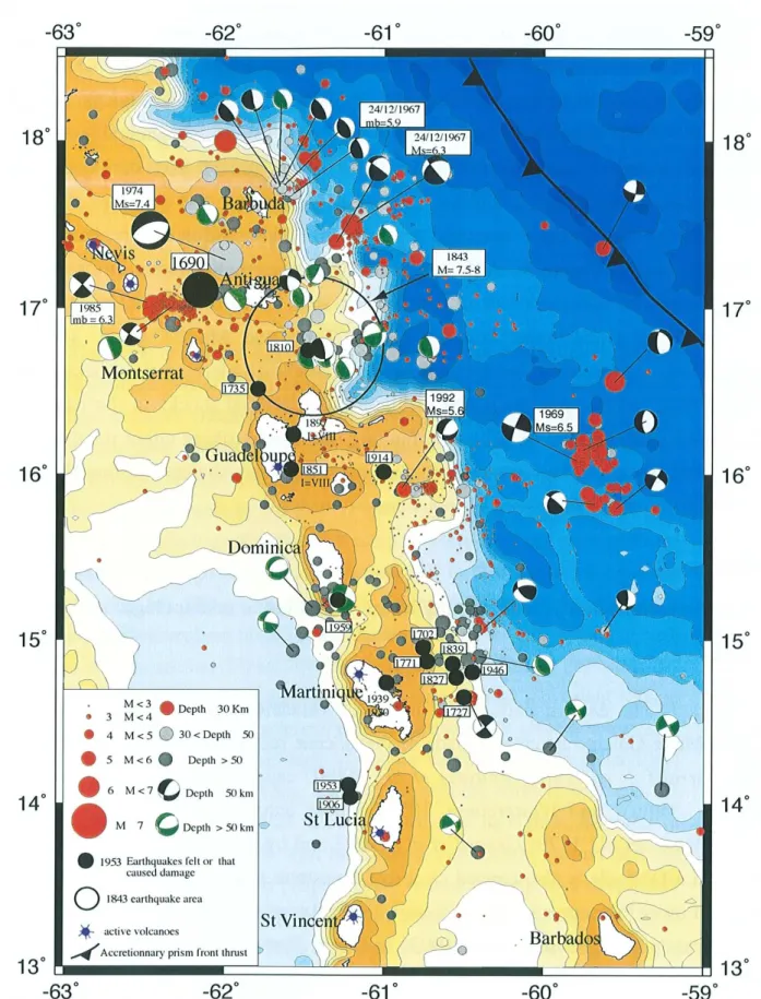 Figure  1.7.  Sismicité  historique  et  instrumentale  de  1950  à  1998  dans  l’arc des Petites Antilles d’après Feuillet (2000)