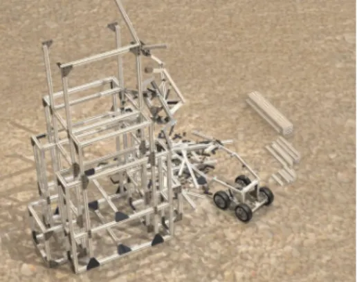 Fig. 1 Concept art for construction of a truss struc- struc-ture by mobile delivering robots and truss-climbing assembling robots