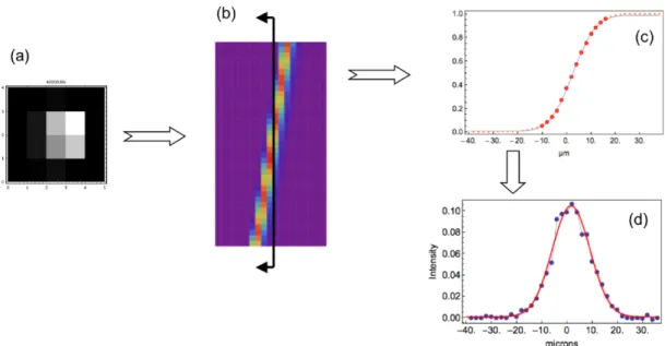 Figure 2.11: Méthode de la VKE. (a) : pour chacun des pas de déplacement l’image du spot est sommée sur une ligne