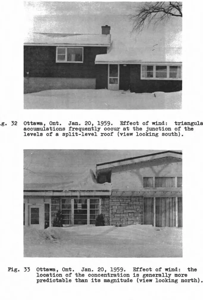 Fig. 32 ottawa, Ont. Jan. 20, 1959. Effect of wind: triangular accumulations frequently occur at the junction of the levels of a split-level roof (view looking south).