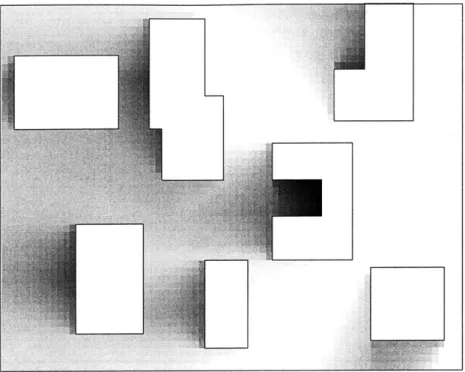 Fig.  2-3:  Effect  of  Obstacles  on  Cost  Values.  Difference  between  actual  cost  at  various points  in an  obstacle  field  and  cost in  same  region  with  no  obstacles,  larger  differences  shown with  darker  shading