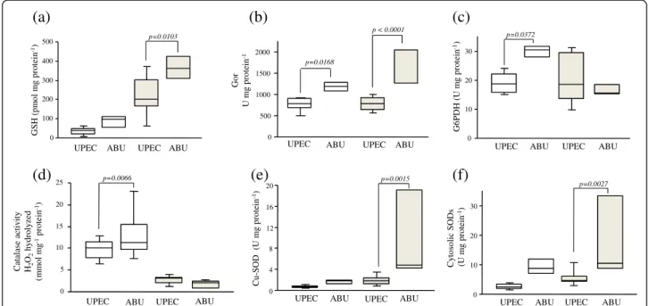 Figure 3 Comparison of antioxidant defense mechanisms between UPEC (CFT073, UTI 89 and 536) and ABU 83972 strains at both phases of growth