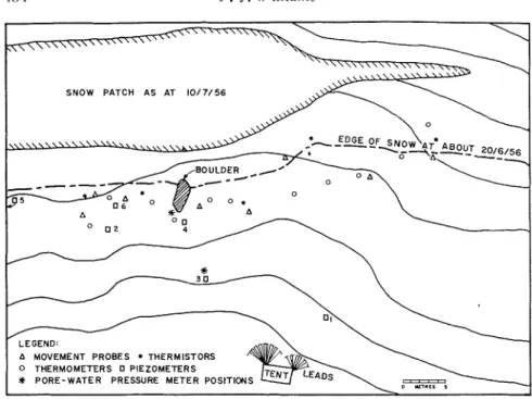 Fig.  2.  M a p   of  i n s t ~ u m e n t   layout  on  s o l i f l ~ ~ c t i o n   slope  below  late-lying snow  (drawn  from  compass  slIl\.ey  and  field  s k r t r h r s ) 