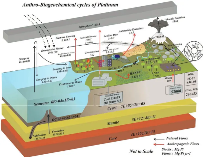 Figure  6:  Stocks  and  flows  of  the  platinum  cycle.  Natural  flows  are  marked  by  black  lines,  whereas  anthropogenic flows are marked by red lines