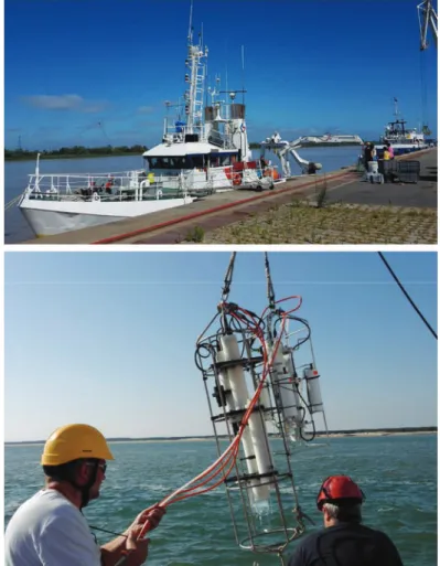 Figure 12: The SCHEMA-VI-2017 field campaign on the Gironde Estuary with the R/V Thalia loading  and boarding (up), and SCHeMA system deployment (down)