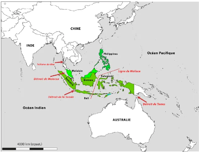 Figure 2 : L’archipel Indo-Australien (Triangle du corail). Il contient 4 des 25 points chauds de  la biodiversité, abrite 20-25% de la faune et de la flore mondiales et au moins 15% de la faune  dulçaquicole du monde