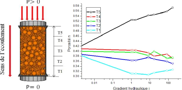 Figure 5.1: Variation de la porosité dans les tranches de l’échantillon en fonction du gradient  hydraulique appliqué 