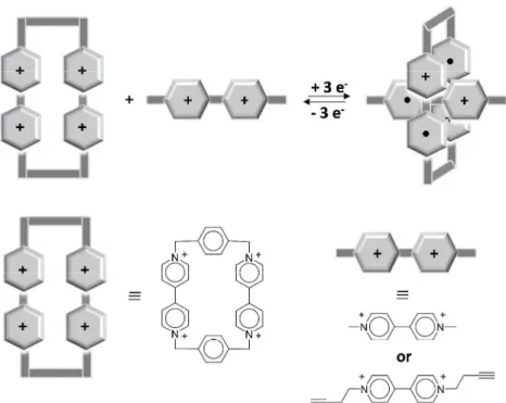 Figure  2.2: Schematic presentation of the formation of a 3-radical inclusion complex based  on (CBPQT 4+ ) and BIPY units
