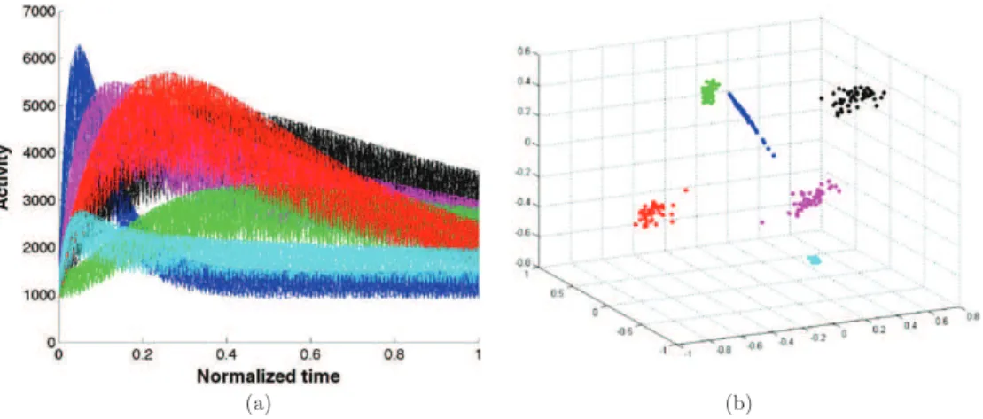 Figure 1. Illustration of spectral clustering on TACs affected by Gaussian noise. (a) Noisy TAC clusters in R 100 (100 time frames); (b) data representation in the first three dimension R 3 of the spectral space showing the separation in the proposed final