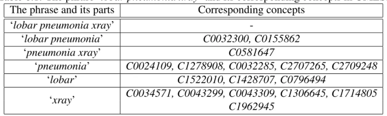 Table 6.1: The phrase ‘lobar pneumonia xray’ and its corresponding concepts in UMLS.