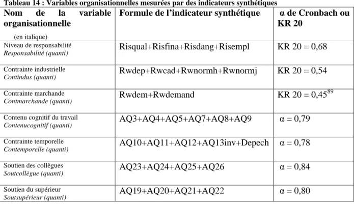 Tableau 14 : Variables organisationnelles mesurées par des indicateurs synthétiques 