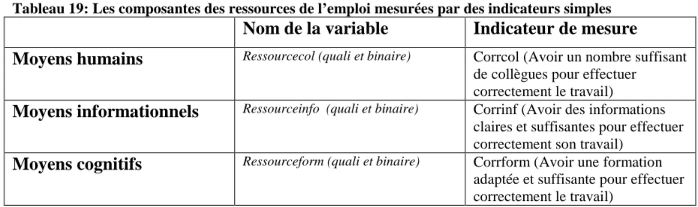 Tableau 19: Les composantes des ressources de l’emploi mesurées par des indicateurs simples 