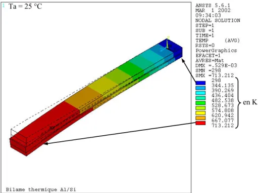 Figure 2.45 : simulation de la température dans le bilame encastré-libre 