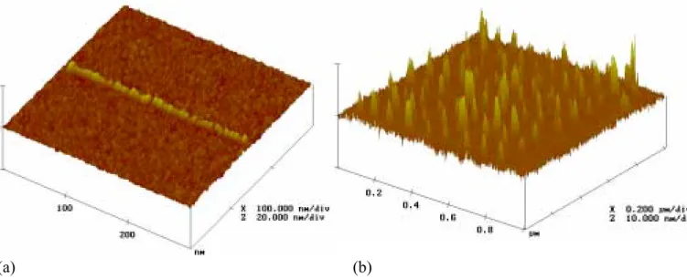 Figure 15 : Image STM (a) de plots d’or déposés successivement de façon à former une ligne en utilisant une                       pointe de Pt recouverte d’or