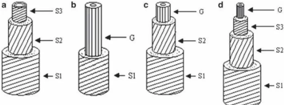Figure  1.4  Schematic  models  for  the  cell  wall  structures  of  fibres  in  normal  wood  (a)  and  tension  wood  (b–d),  redrawn  from  Wardrop  and  Dadswell  (1955)