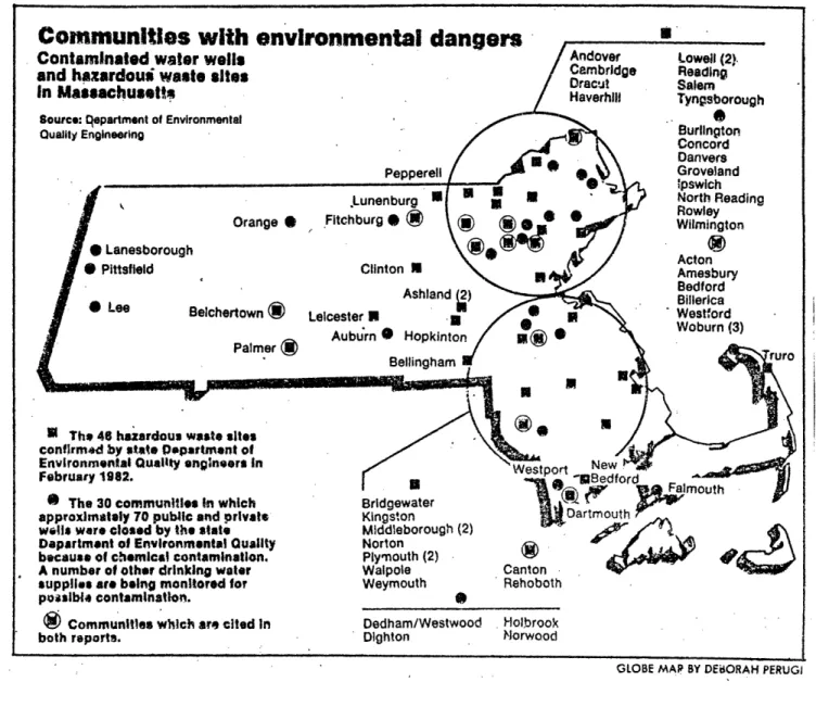 Figure  2.1:  Massachusetts  communities  with hazardous waste  sites or  chemical contamination of well water