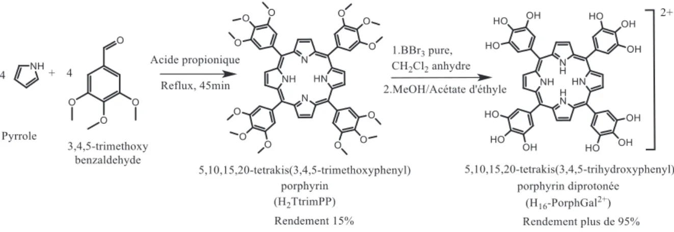 Figure 4 La procédure de synthèse utilisée pour obtenir la 5,10,15,20-tétrakis(3,4,5-trihydroxyphényl)porphyrine (H 14 - -PorphGal)