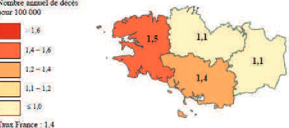Figure  5.  Taux  de  mortalité  annuel  par  départements  en  Bretagne  des  cancers  des  lèvres, bouche et pharynx (pour les femmes)