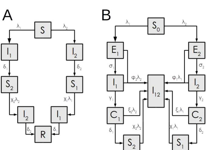 Figure 1. Schematics for two pathogens models. S or S 0 : susceptible to both pathogens.