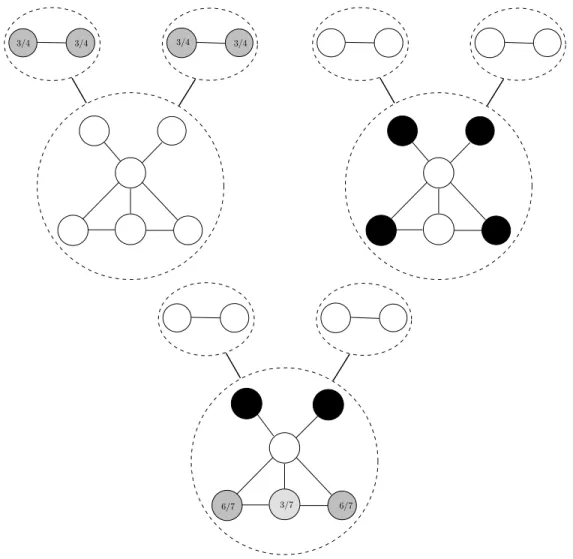 Figure 8: δ = 1/3. A subgraph containing two pairs and a six agents graph. The dark line means that both agents in both pairs are linked to all six agents in the bottom graph