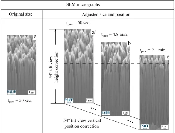 Figure 2.8. SEM micrographs 54 ◦ tilt-view size and vertical position correction. (a) SEM micrograph at t proc = 50 seconds, (a’) height adjustment of SEM micrograph at t proc = 50 seconds to obtain cross-section view aspect ratio, (b) and (c) corresponds 